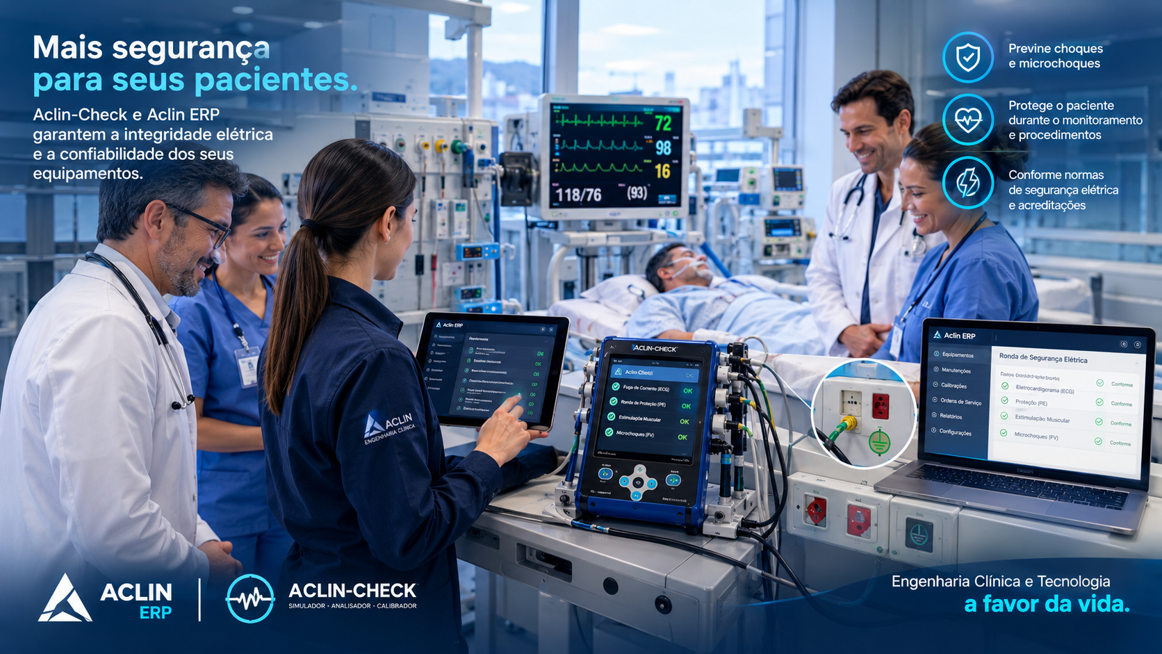 Aclin-Check no CTI — teste de segurança elétrica no leito